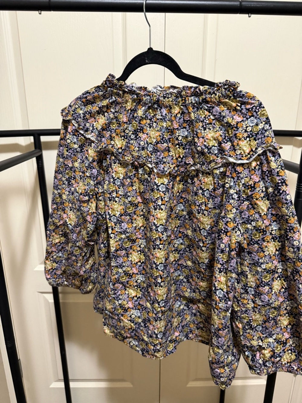 Floral Ruffle Off-Shoulder Blouse in Navy and Yellow